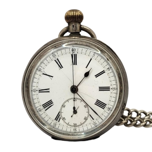 50A - A 19TH CENTURY SILVER GENTS CHRONOGRAPH POCKET WATCH AND ALBERT CHAIN
Open face with seconds dial, o... 