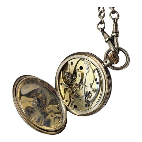 50A - A 19TH CENTURY SILVER GENTS CHRONOGRAPH POCKET WATCH AND ALBERT CHAIN
Open face with seconds dial, o... 