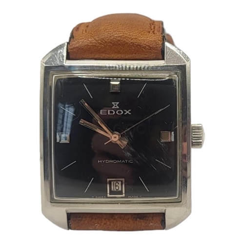 52 - EDOX, A VINTAGE 'HYDROMATIC' STAINLESS STEEL GENT’S WRISTWATCH
Square black tone dial with calendar ... 