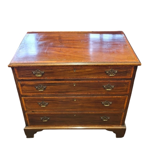 520 - A 19TH CENTURY MAHOGANY AND SATINWOOD BANDED SHERATON DESIGN CHEST OF FOUR LONG DRAWERS
On bracket f... 