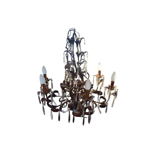 556 - A LATE 19TH/EARLY 20TH CENTURY FRENCH GILT METAL AND CRYSTAL HUNG SIX BRANCH CHANDELIER.
(w 64cm x d... 