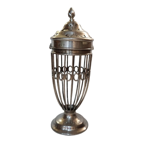 55A - A VICTORIAN SILVER SUGAR CASTER
Having a pierced domed top and pierced wire work frame, hallmarked L... 