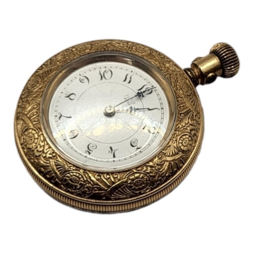 56 - A 19TH CENTURY AMERICAN YELLOW METAL LADIES POCKET WATCH 
Having Arabic number markings, engraved de... 