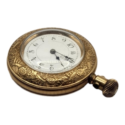 56 - A 19TH CENTURY AMERICAN YELLOW METAL LADIES POCKET WATCH 
Having Arabic number markings, engraved de... 