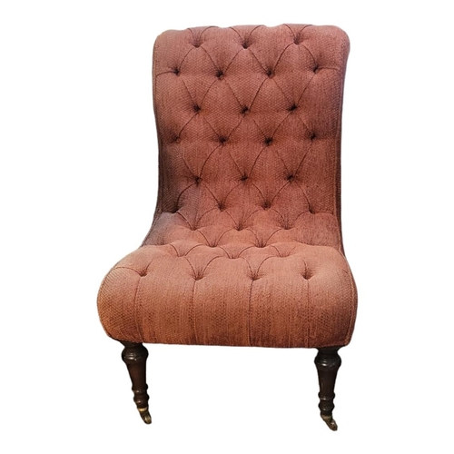 608 - GEORGE SMITH, A VICTORIAN STYLE SCROLL BACK NURSING CHAIR
Salmon pink button back fabric upholstery,... 