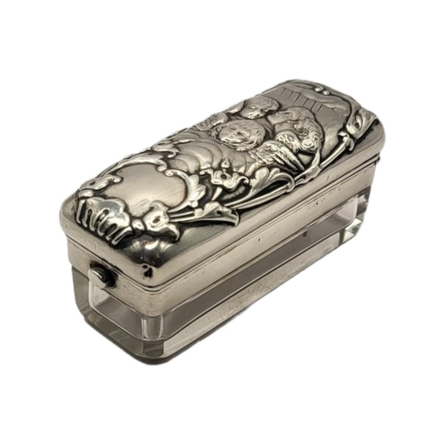 61 - ASPREY, A VICTORIAN SILVER AND GLASS RECTANGULAR TRINKET BOX
With embossed figural hinged lid, hallm... 