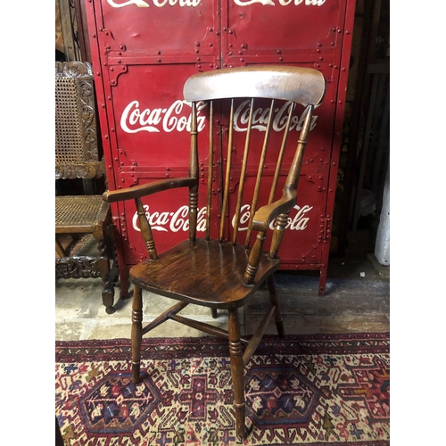 614 - A VICTORIAN BEECH AND ELM STICK BACK OPEN ARMCHAIR.
(57cm x 47cm x 106cm)

Condition: good overall