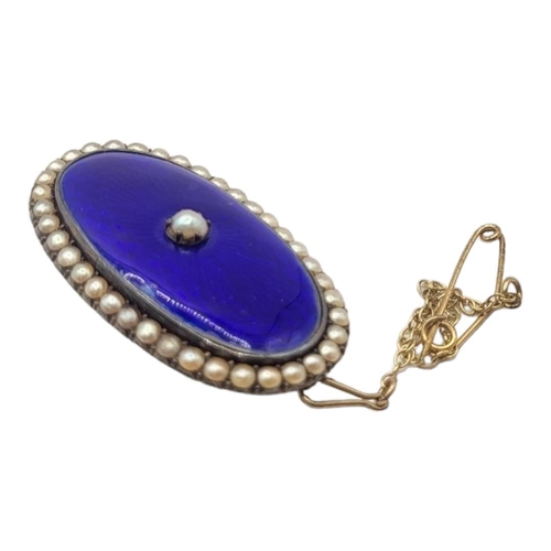 79 - AN EARLY 19TH CENTURY YELLOW  METAL, ENAMEL AND SEED PEARL OVAL BROOCH
With seed pearls to edge with... 