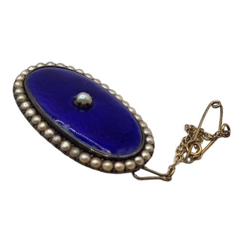 79 - AN EARLY 19TH CENTURY YELLOW  METAL, ENAMEL AND SEED PEARL OVAL BROOCH
With seed pearls to edge with... 