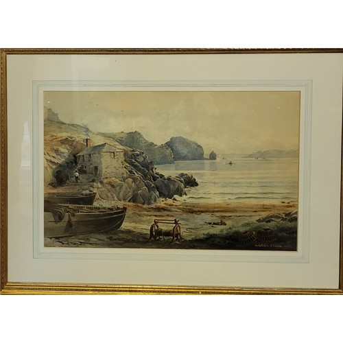 472 - WALTER FINCH, A VICTORIAN WATERCOLOUR 
Landscape, Cornish cottage with fishing boats, signed lower r... 