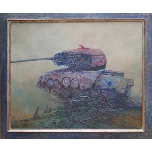 1 - ZDZISLAW BEKSINSKI 1929-2005 POLISH
Original oil on fibre board, Untitled, Surrealist war tank
Signe... 