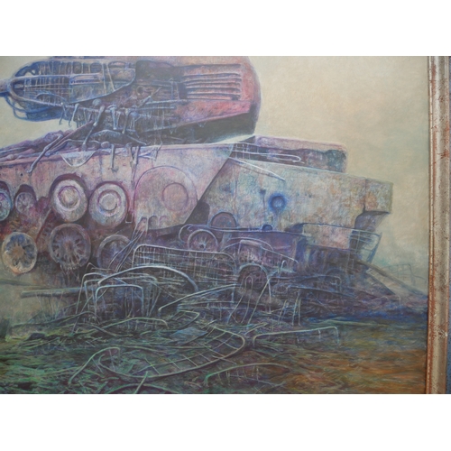 1 - ZDZISLAW BEKSINSKI 1929-2005 POLISH
Original oil on fibre board, Untitled, Surrealist war tank
Signe... 