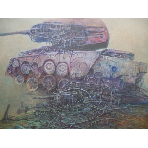 1 - ZDZISLAW BEKSINSKI 1929-2005 POLISH
Original oil on fibre board, Untitled, Surrealist war tank
Signe... 