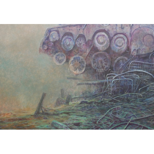 1 - ZDZISLAW BEKSINSKI 1929-2005 POLISH
Original oil on fibre board, Untitled, Surrealist war tank
Signe... 