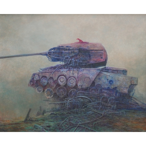 1 - ZDZISLAW BEKSINSKI 1929-2005 POLISH
Original oil on fibre board, Untitled, Surrealist war tank
Signe... 