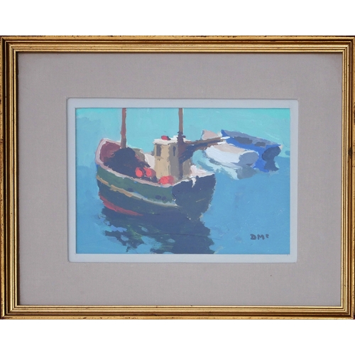 4 - DONALD MCINTYRE RSW 1923-2009 ACRYLIC
Titled 'Fishing boat'
Signed and framed.
Bearing Fosse gallery... 