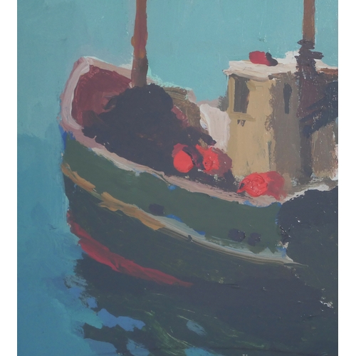 4 - DONALD MCINTYRE RSW 1923-2009 ACRYLIC
Titled 'Fishing boat'
Signed and framed.
Bearing Fosse gallery... 