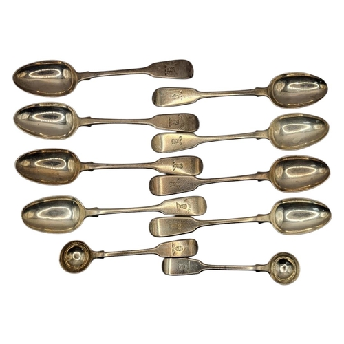 10 - A SET OF SIX GEORGIAN SILVER TEASPOONS
Plain fiddle pattern with engraved family crest, one with pre... 