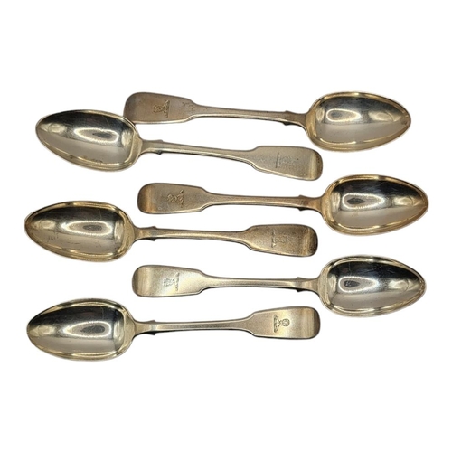 2 - A SET OF SIX GEORGIAN SILVER DESSERT SPOONS
Plain fiddle pattern with engraved family crest, hallmar... 