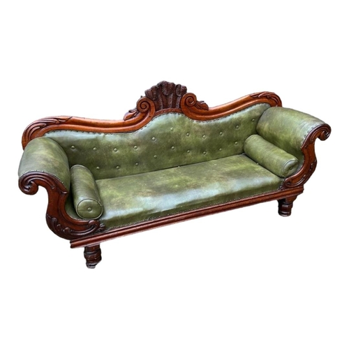 589 - A VICTORIAN MAHOGANY THREE SEAT SCROLL END SETTEE
The serpent carved top rail, centred with Prince o... 