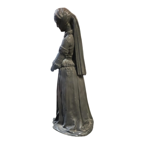 384 - A 19TH CENTURY PATENTED BRONZE STATUE, FEMALE FIGURE IN MEDIEVAL DRESS.
(39cm)

Condition: good