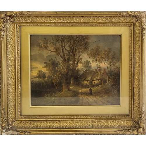 43 - ROBERT BURROWS, FL 1851 - 1856, OIL ON BOARD 
Landscape, thatched cottage with figures, unsigned, be... 