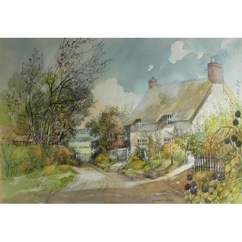 44 - GLADYS CROOK, A 20TH CENTURY WATERCOLOUR
Titled 'Rural View (Padbury, Bucks), landscape, together wi... 