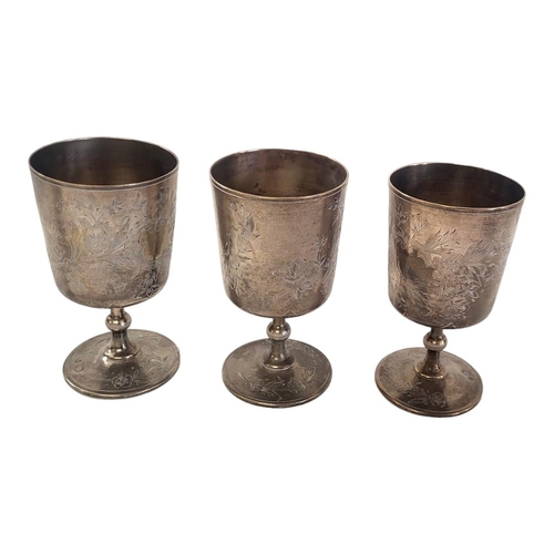 100 - A SET OF THREE VINTAGE TURKISH SILVER GOBLETS
Having engraved floral decoration, bearing Turkish Ott... 