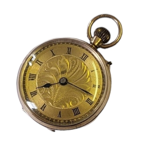 116 - AN EARLY 20TH CENTURY 9CT GOLD LADIES’ POCKET WATCH
Open gilt dial with screw wound mechanism, toget... 