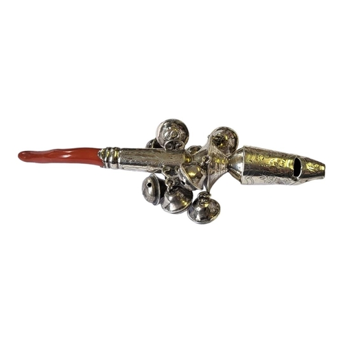 119 - A GEORGIAN SILVER AND CORAL CHILD'S RATTLE
Having a whistle with bells and coral finial, hallmarked ... 