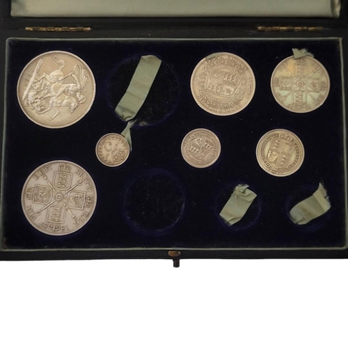 128 - A VICTORIAN SILVER PROOF SPECIMEN COIN SET, PART SET DATED 1887 
Comprising a full crown, double flo... 