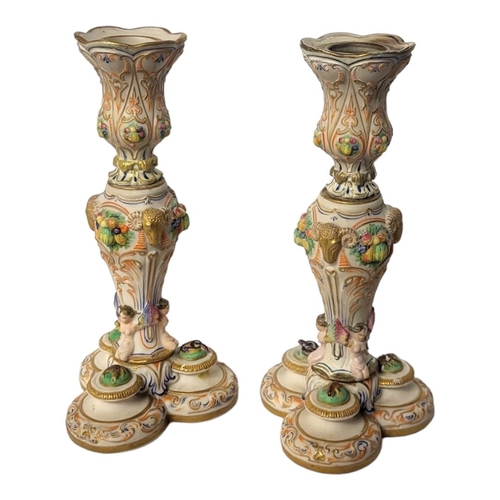 247 - A PAIR OF LATE 19TH CENTURY CONTINENTAL ROCOCO STYLE PARIAN PORCELAIN POLYCHROME GLAZED ELABORATE DE... 