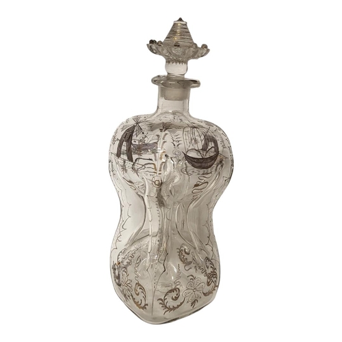 248 - AN 18TH CENTURY DUTCH COLONIAL HAND BLOWN DECANTER AND FLATTENED MUSHROOM STOPPER, CIRCA 1780
The en... 