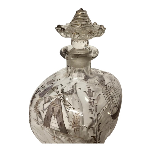 248 - AN 18TH CENTURY DUTCH COLONIAL HAND BLOWN DECANTER AND FLATTENED MUSHROOM STOPPER, CIRCA 1780
The en... 