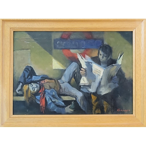 41 - HARRY BAINES, BRITISH, 1910 - 1995, OIL ON BOARD
Titled ‘Figures In The Underground Camden’, signed,... 