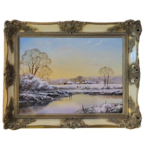 49 - PETER COSSLETT, 1927 - 2012, OIL ON CANVAS 
Winter scene, a small village by a frozen lake, signed l... 