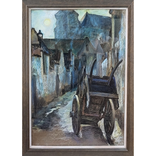 53 - AN EARLY 20TH CENTURY FRENCH PASTEL, LANDSCAPE, RURAL STREET SCENE WITH HAND CART 
Framed and glazed... 