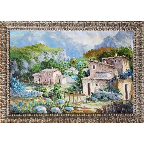 54 - A LARGE OIL ON CANVAS CONTINENTAL, LANDSCAPE, COUNTRY COTTAGES IN A MOUNTAINOUS SETTING 
Signed ‘Ave... 