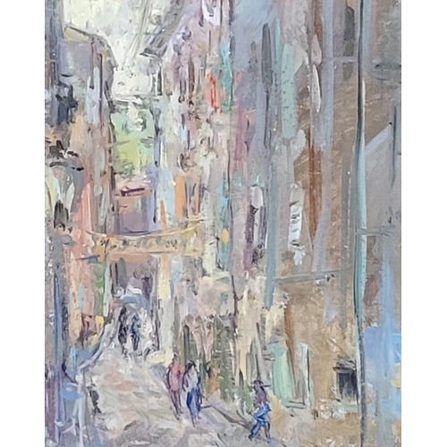 62 - DAVID LLOYD SMITH, BN 1944, OIL ON BOARD 
Venetian street scene, a narrow street with figures inaugu... 