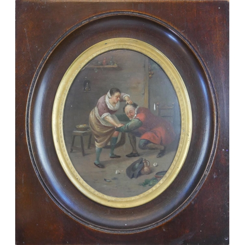 78 - AN 18TH CENTURY CONTINENTAL OVAL OIL ON COPPER, AN AMOROUS GENTLEMAN WITH A MAID 
And beer dragon to... 