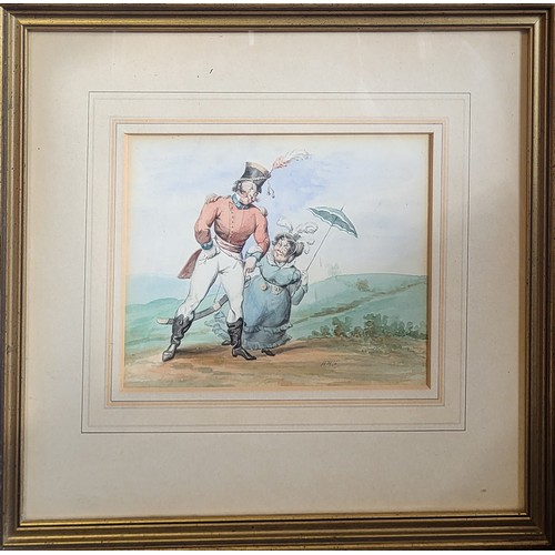 68 - A GEORGE III WATERCOLOUR CARICATURE STUDY, A JOLLY OFFICER AND HIS WIFE IN THE COUNTRYSIDE 
Painted ... 