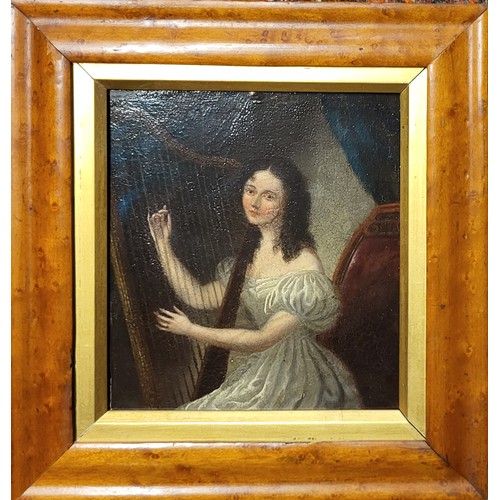 80 - A 19TH CENTURY OIL ON BOARD PORTRAIT, YOUNG LADY MUSICIAN WEARING PERIOD ATTIRE PLAYING A HARP
Maple... 