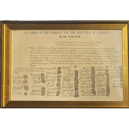 89A - A 20TH CENTURY KING CHARLES I ROYAL COMMEMORATIVE PRINT
Titled 'Fac-Simile of the warrant for the ex... 