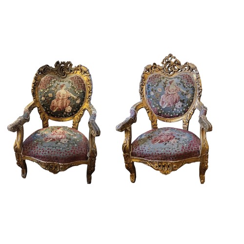 562 - A PAIR OF FRENCH DESIGN (EGYPTIAN) GILT FRAMED OPEN ARMCHAIRS
In cut velvet upholstery.
(82cm x 83cm... 