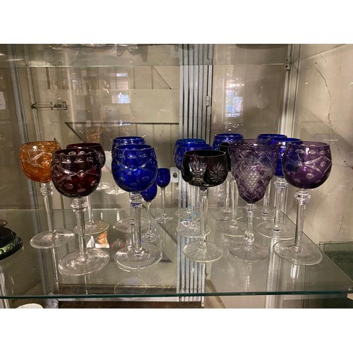 294 - A COLLECTION OF 20TH CENTURY BOHEMIAN WINE GLASSES
To include seven overlaid blue and three claret g... 