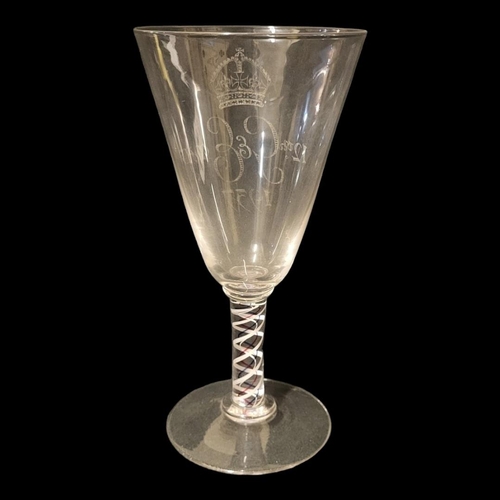 210 - A LARGE EARLY 20TH CENTURY COMMEMORATIVE AIR TWIST GLASS GOBLET
The trumpet form bowl engraved with ... 