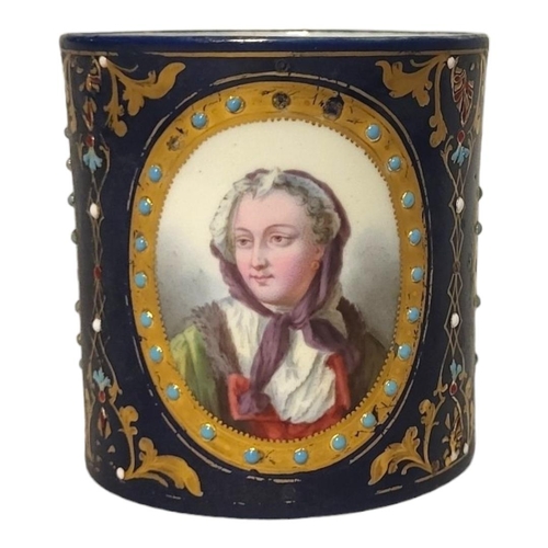 233 - A 19TH CENTURY SEVRES STYLE HARD PASTE PORCELAIN JEWELLED CABINET CUP
Painted and enamelled with thr... 