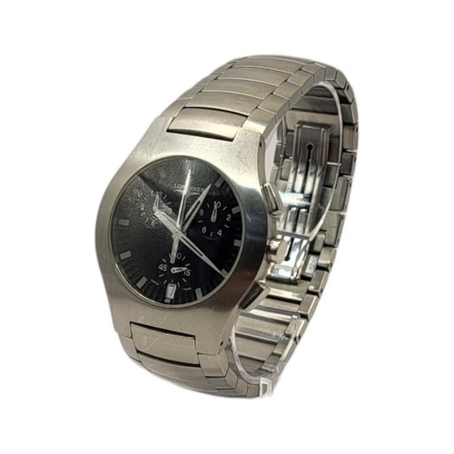 117 - LONGINES, A VINTAGE STAINLESS STEEL CHRONOGRAPH GENT'S WRISTWATCH
Black tone dial  with three subsid... 