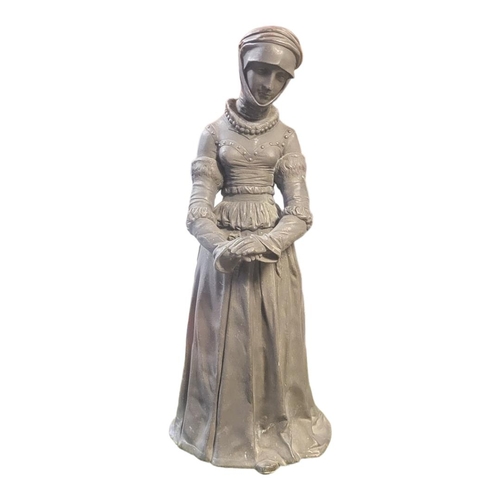 369 - A 19TH CENTURY PATENTED BRONZE STATUE, FEMALE FIGURE IN MEDIEVAL DRESS.
(39cm)

Condition: good