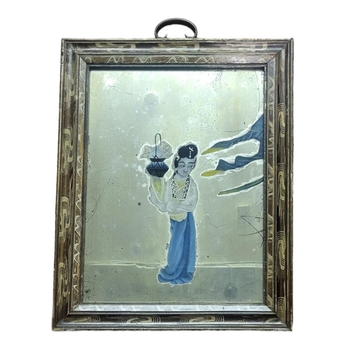 370 - AN EARLY 20TH CENTURY CHINESE REVERSE GLASS PAINTED MIRROR
Maiden holding basket of fruit, framed.
(... 